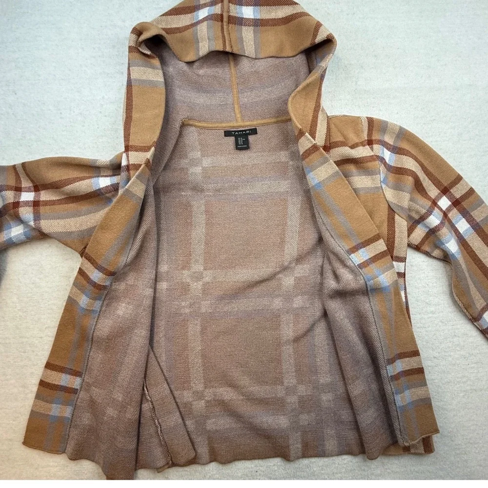 Tahari Womens XL Plaid Blazer Sweater‎ Hooded Cardigan cozy academia layered